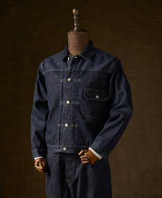 Indigo denim Type 1 jacket with blanket lining, button front and chest pockets