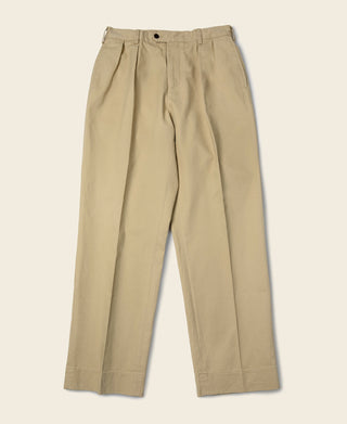 Khaki pleated chino trousers flat lay with belt loop waistband