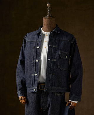 Indigo denim jacket with blanket lining, snap button front, chest pocket and cuffs