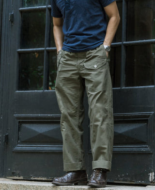Olive cargo Bermuda pants with flap pockets, button closure, and rolled hem cuff