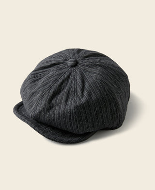 Black and gray newsboy cap, textured yarn-dyed stripes with top button detail.