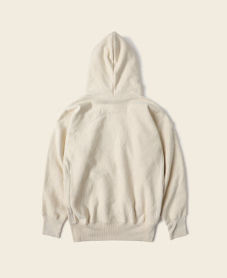 Apricot reverse-weave pullover hoodie, back view, with drawstring hood.