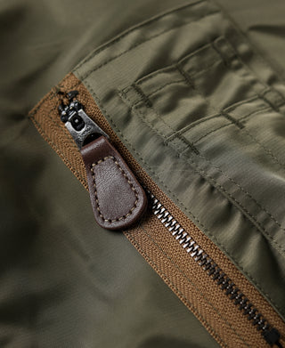 Zipper close-up with brown trim, stitched pocket seam, and riveted pull