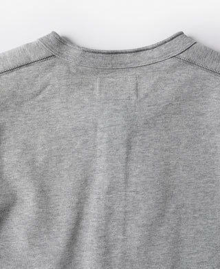 Gray long-sleeve henley shirt back neck and shoulder seam detail