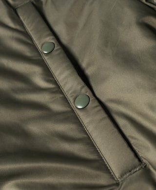 Olive N-3 parka front placket with two dark buttons and contrast edge stitching.