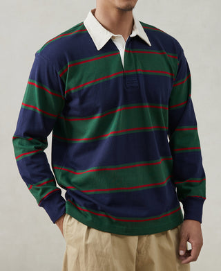 Striped jersey rugby shirt with white collar, navy base, green and red horizontal stripes