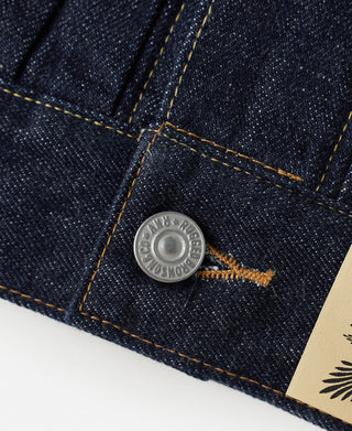 Denim jacket front pocket with metal button and visible orange-stitched seams