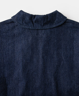 Indigo denim pullover jumper with high neck collar