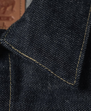 Indigo selvedge denim jacket, corner edge with contrast yellow topstitching