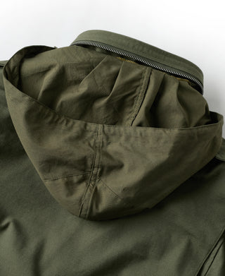Olive field jacket with large front pocket pouch and hood zipper
