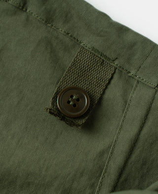Olive shell arctic trousers, buttoned front fly panel detail