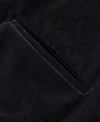 Black jacket with stitched seam and plush fabric panel