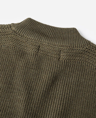 Olive wool sweater with ribbed crew neck and textured knit shoulders