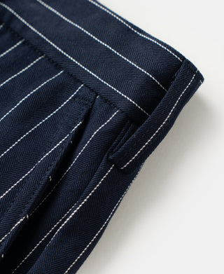 Navy pinstripe cuff area with stitched fold and inner pocket