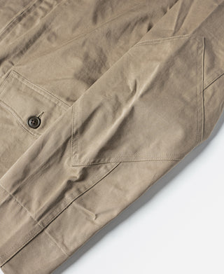 Khaki flight jacket close-up of sleeve and side pocket with button