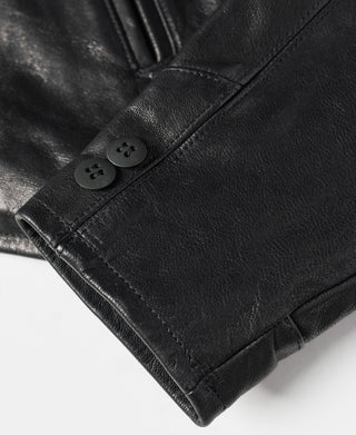 Black leather jacket cuff with two-button detail and stitched hem