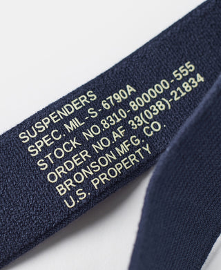 Navy suspender strap with embroidered text and U.S. spec numbers