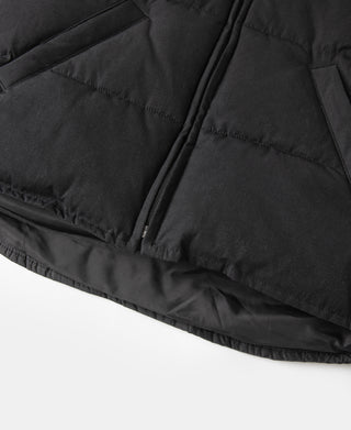 Black quilted vest detail: front zipper and stitched padded panels.