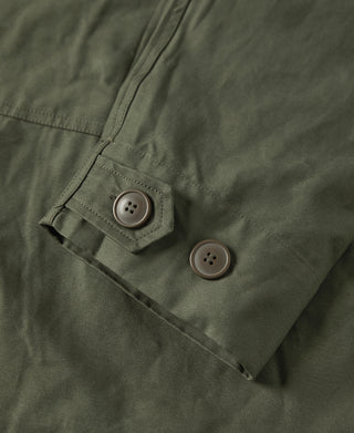 Olive cotton parka with dual front buttons and overlapping flap