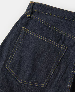 Indigo denim jeans back patch pocket with bartack stitching and contrast thread