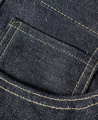 Indigo denim pocket close-up with contrast gold topstitching