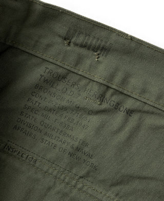 Olive fatigue pants button fly and textured woven fabric detail