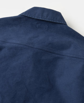 Blue moleskin Cossack jacket back yoke and shoulder seam details