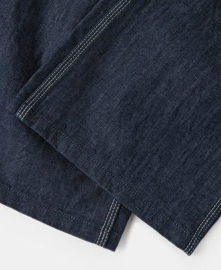 Indigo denim painter pants with cuff hem and side seam stitching
