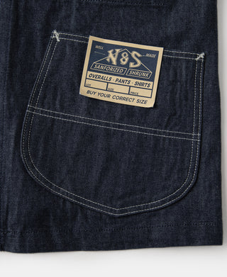 Indigo denim jacket lower pocket with N&S label and stitched pocket outline