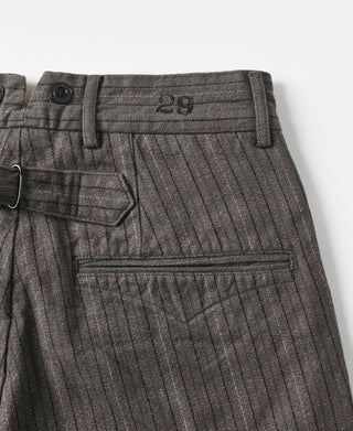 Dark gray pinstripe pants back waistband with number 29 and belt loops