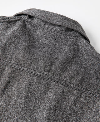 Salt & pepper cossack jacket shoulder and collar seam close-up with layered yoke