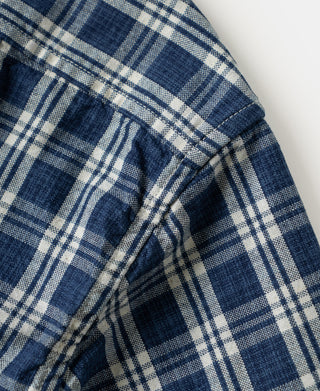 Blue plaid sleeve cuff with stitched seam and folded edge