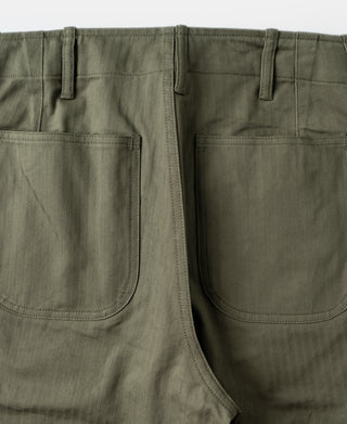 Olive trousers back view with two patch pockets and belt loops
