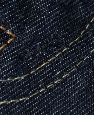 Indigo denim close-up with contrast selvedge-style stitching lines
