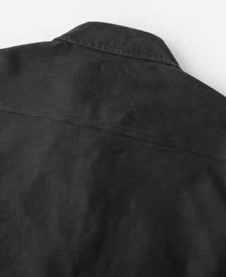 Black moleskin Cossack jacket back upper yoke seam and collar close-up