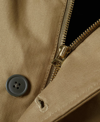 Khaki deck jacket zip-front with metal zipper pull and button