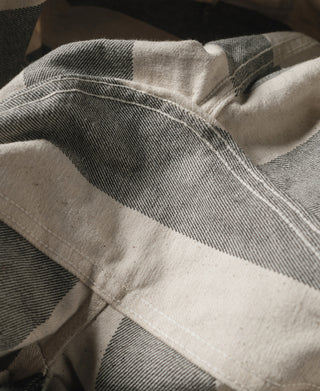 White and dark gray wide striped prisoner pants, stitched waistband and belt loop detail