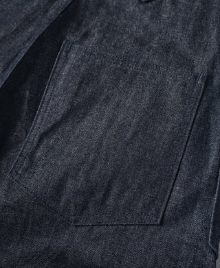Dark navy denim front pocket with visible seam lines and stitching