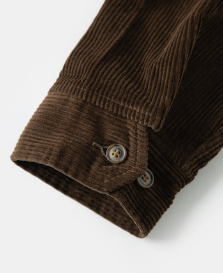 Brown corduroy jacket sleeve cuff with two-button closure and ribbed finish.