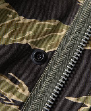 Tiger stripe camo jacket front button and zipper with textured tape trim