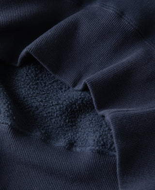 Navy raglan sweatshirt fabric texture with ribbed cuffs and seam stitching