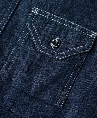 Indigo denim work shirt, cigarette pocket with stitched logo label