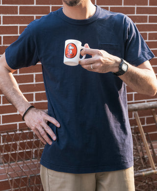 Indigo pocket T-shirt on model, crew neck and short sleeves
