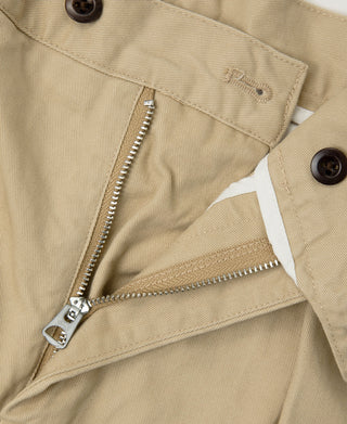 Khaki chino trousers zipper fly with coin pocket, two dark buttons, pleated front