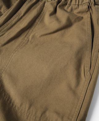 Khaki cotton canvas back area with side seam and gathered waist construction
