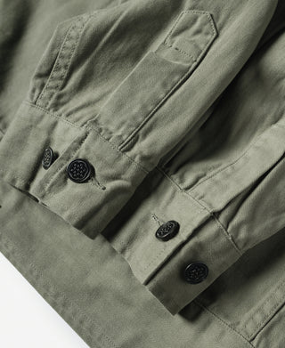 Olive fatigue jacket sleeve cuff with multiple black buttons and pocket