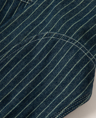 Indigo Wabash work shirt with narrow light pinstripes and stitched seams.