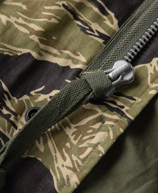 Camouflage jacket zipper with fabric toggle and small snap at seam