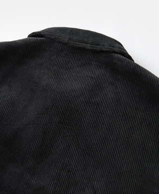 Black corduroy Cossack jacket with raised stand collar and textured fabric