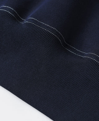 Two-tone hooded sweatshirt double-v seam in navy knit with light contrast stitching